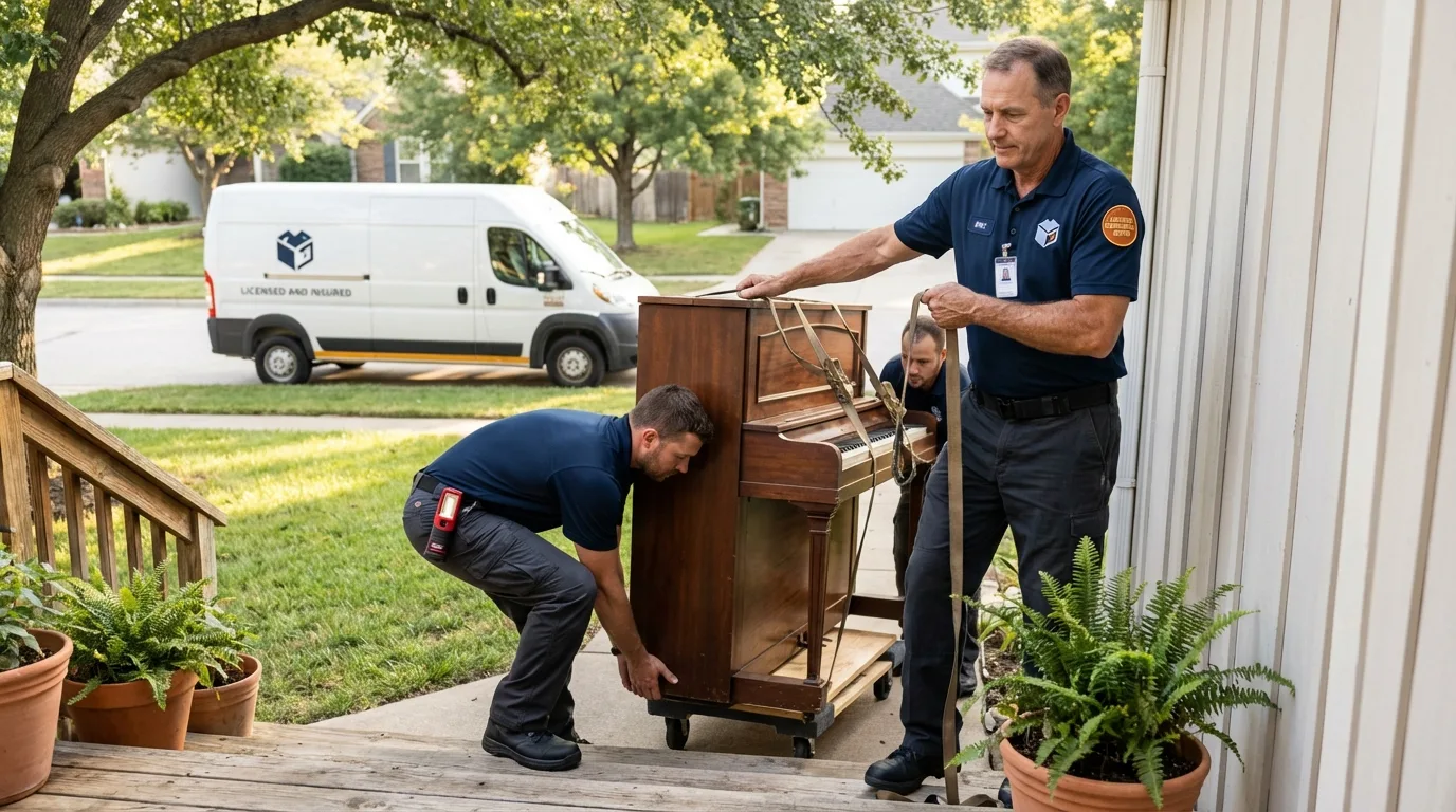 Licensed piano movers securing grand piano in Pine Mountain Club, CA