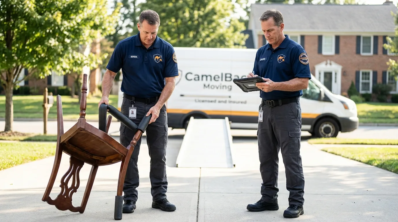 Movers inspecting furniture for damage prevention before loading in Pine Mountain Club, CA