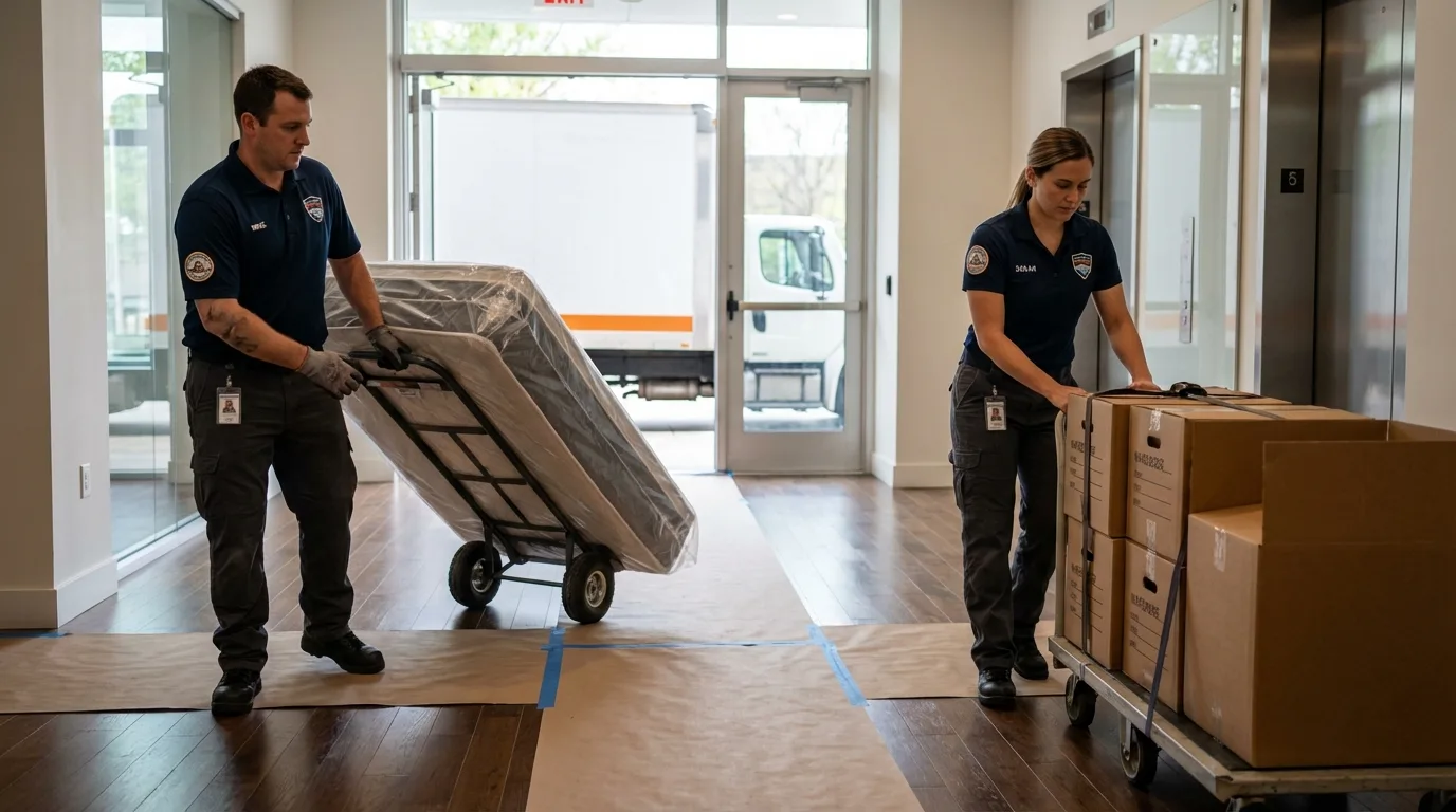 Professional apartment movers loading elevator in Pine Mountain Club, CA
