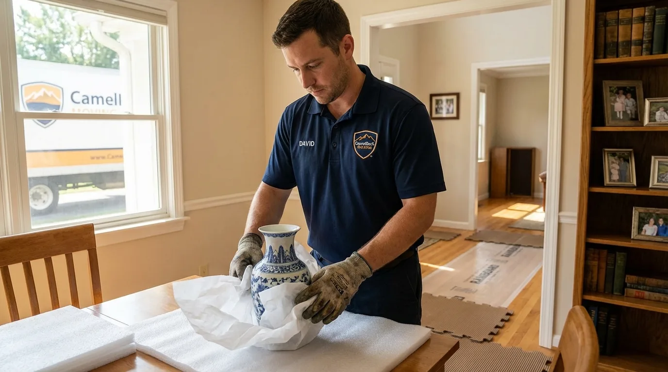 Professional crew carefully wrapping antique vase for senior downsizing move in Pine Mountain Club, CA