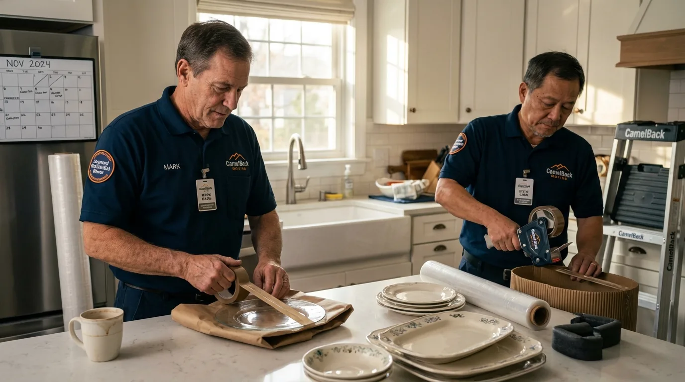Professional crew packing kitchen dishware in Pine Mountain Club, CA